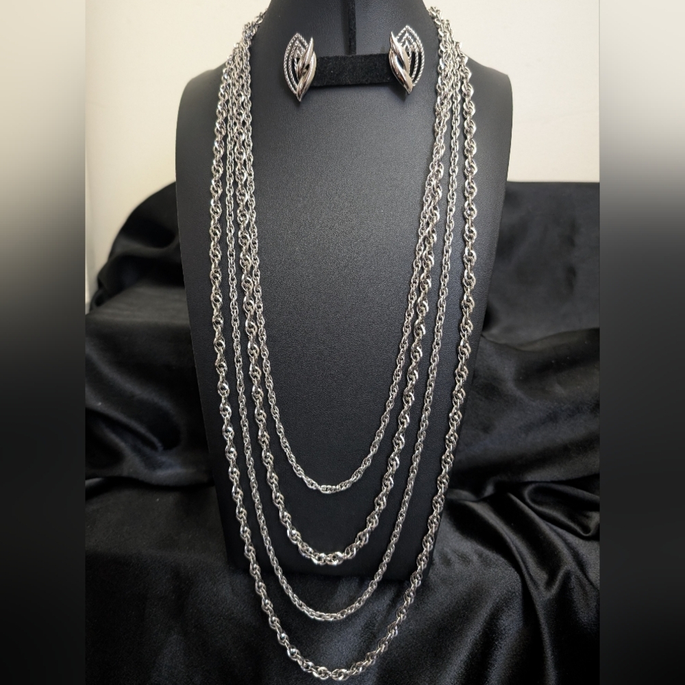 #19. Crown Trifari 4 Layer Silver Rope  Necklace